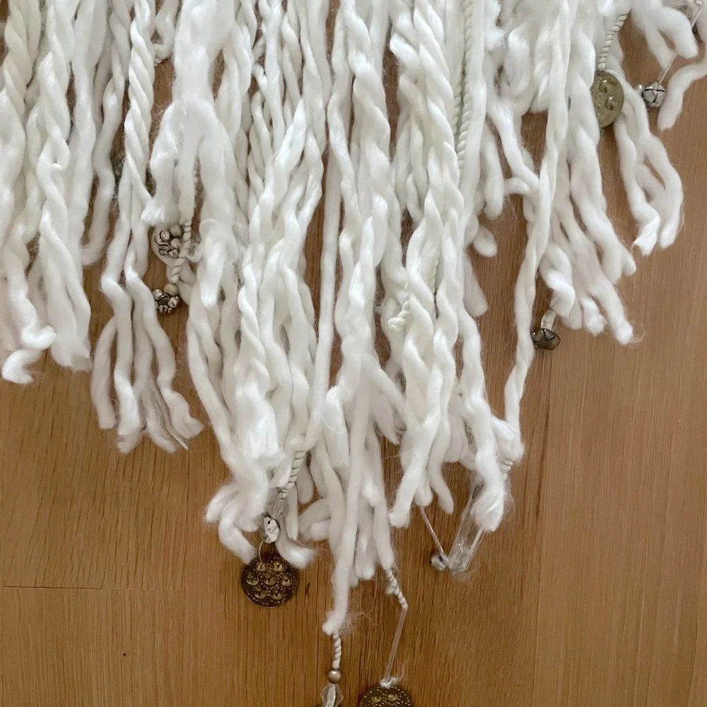 Anthropologie Braided Fringe Garland Ivory Yarn with Beads Charms & Little Bells